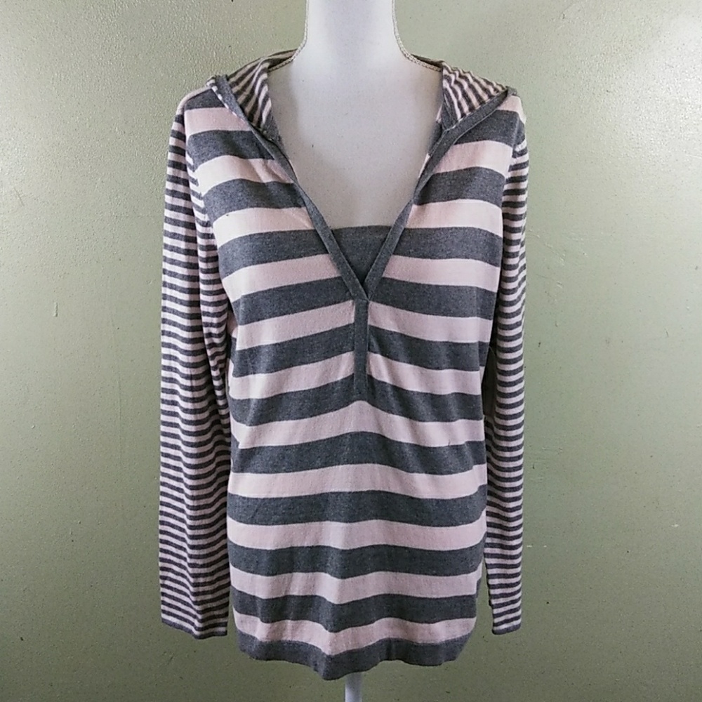 Striped Lightweight Tunic Length Hooded Sweater - L - NWT